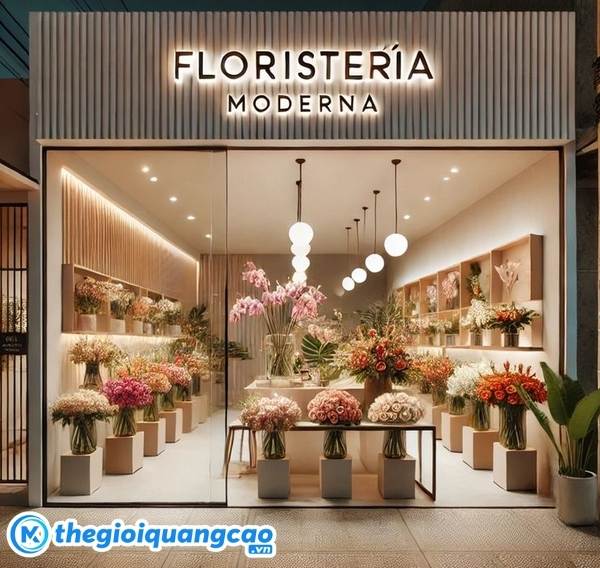 Mẫu bảng hiệu shop hoa tươi nền t&ocirc;n s&oacute;ng kết hợp chữ nổi s&aacute;ng ch&acirc;n