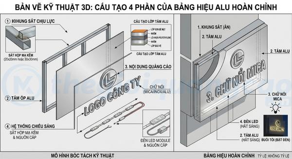 Bản vẽ 3D kỹ thuật cấu tạo 4 phần của bảng hiệu ALu hoàn chỉnh