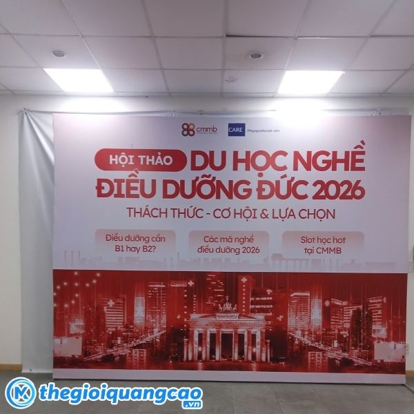 Dự &aacute;n thi c&ocirc;ng backdrop hội thảo du học nghề điều dưỡng đức