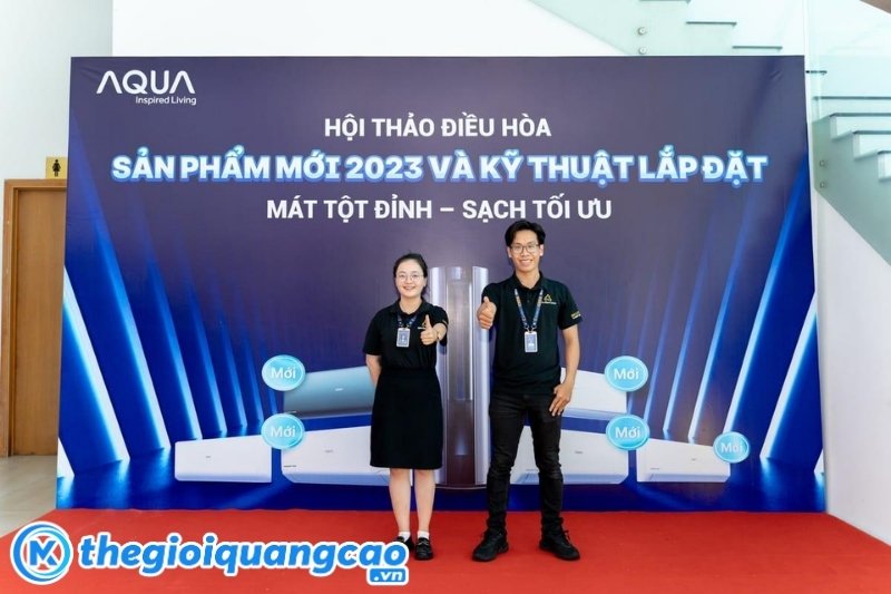 Mẫu backdrop hội thảo điều h&ograve;a giới thiệu sản phẩm mới