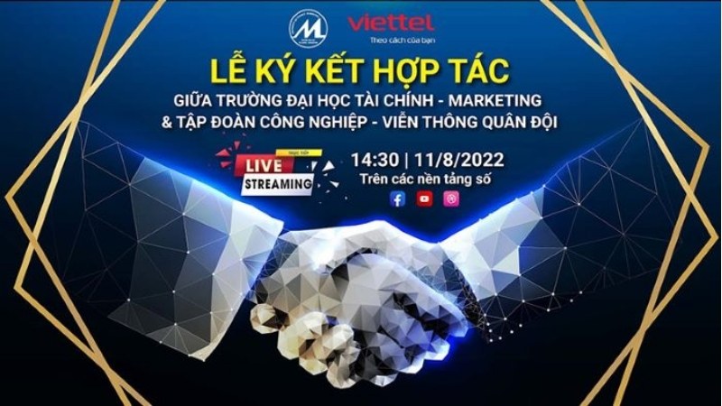 Mẫu backdrop lễ k&yacute; kết hợp t&aacute;c giữa trường đại học ufm v&agrave; tập đo&agrave;n viettel