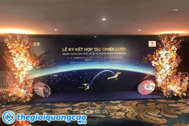 Backdrop lễ k&yacute; kết in PP bồi Formex