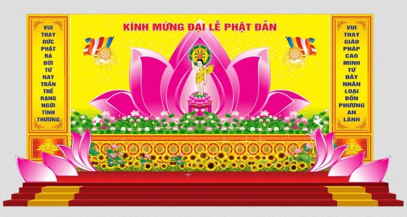 Mẫu backdrop phật đản tone v&agrave;ng sang trọng
