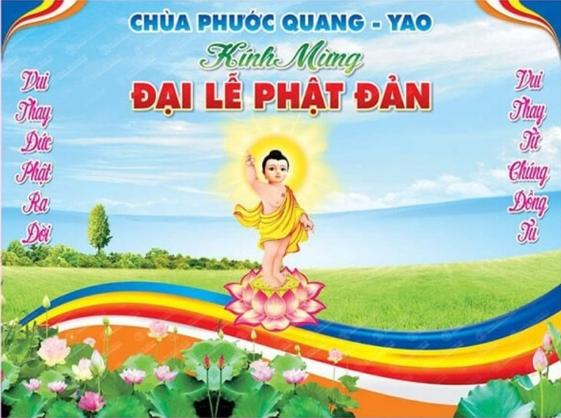 Mẫu backdrop phật đản nổi bật với h&igrave;nh ảnh hoa sen, Đức Phật đản sinh v&agrave; th&ocirc;ng điệp &yacute; nghĩa m&ugrave;a Vesak.