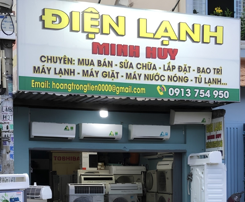Mẫu bảng hiệu điện lạnh Minh Huy chuy&ecirc;n mua b&aacute;n, sửa chữa