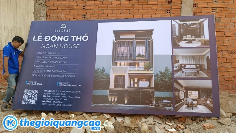 Thi công backdrop lễ khởi coonh, động thổ chất liệu bạt hiflex