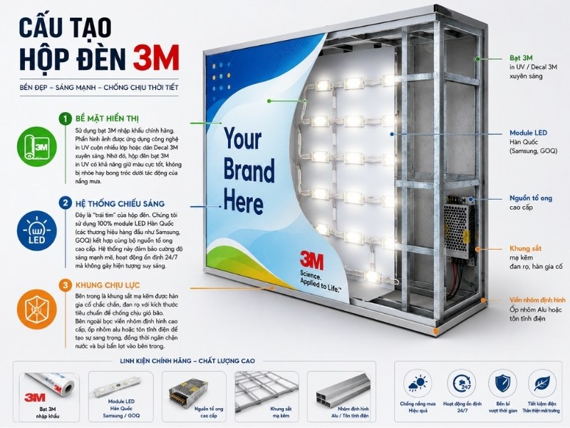 Cấu tạo biển hộp đ&egrave;n bạt 3M
