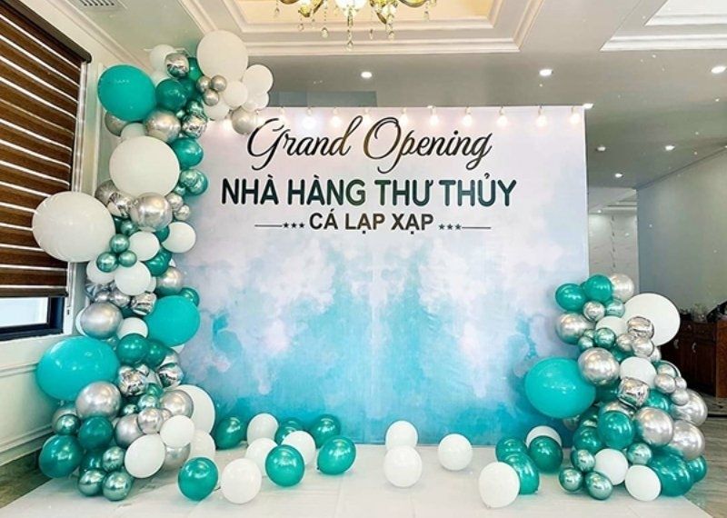 Mẫu backdrop lễ khai trương nh&agrave; h&agrave;ng Thư Thủy