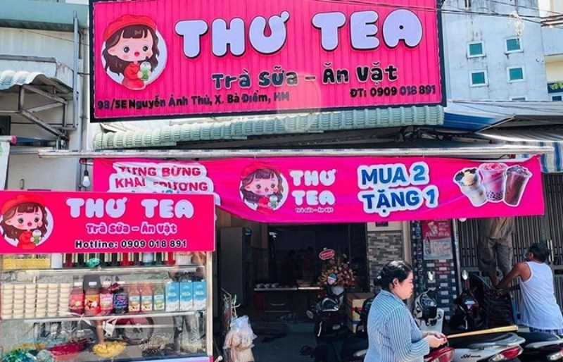Mẫu bảng hiệu qu&aacute;n ăn vặt Thư Tea