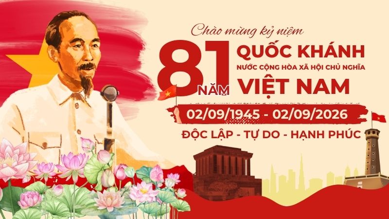 Mẫu backdrop ch&agrave;o mừng kỷ niệm 81 năm Quốc Kh&aacute;nh