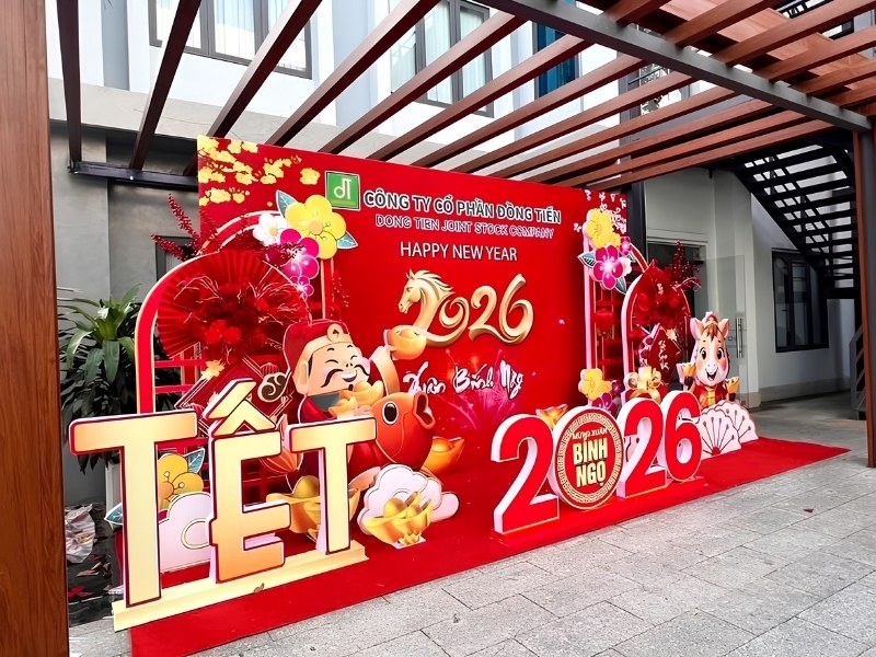 Mẫu backdrop 3D tết 2026 cho c&ocirc;ng ty cổ phần Đồng Tiến