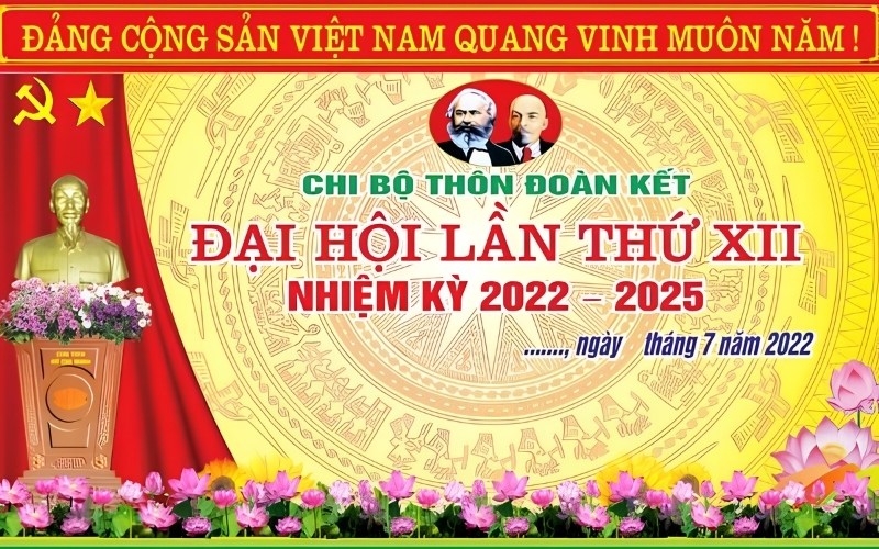 Mẫu backdrop đại hội chi bộ th&ocirc;n đo&agrave;n kết