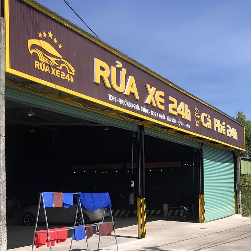 Mẫu bảng hiệu rửa xe 24h kết hợp kinh doanh cafe