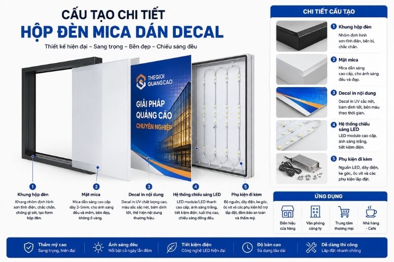 Cấu tạo chi tiết hộp đ&egrave;n mica d&aacute;n decal